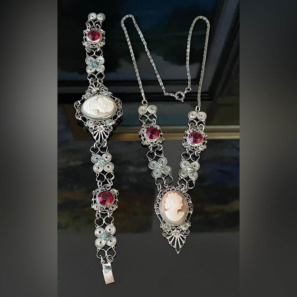 Antique Cameo Necklace and Bracelet Set Carved Shell Cameo Filigree Early 1900s